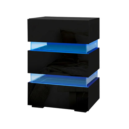 Modern black nightstand with blue LED lighting and high gloss finish