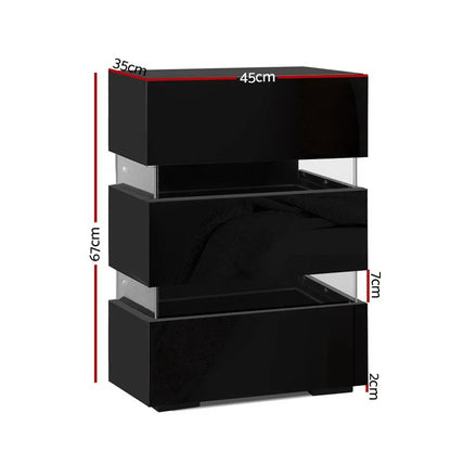Black modern bedside table with dimensions 67cm x 45cm x 35cm, three drawers.