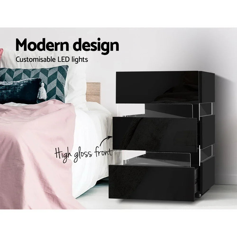 Black high gloss LED bedside table next to bed with modern design style