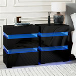 Modern black LED bedside tables with blue lighting, lamp, and books in a bedroom setting