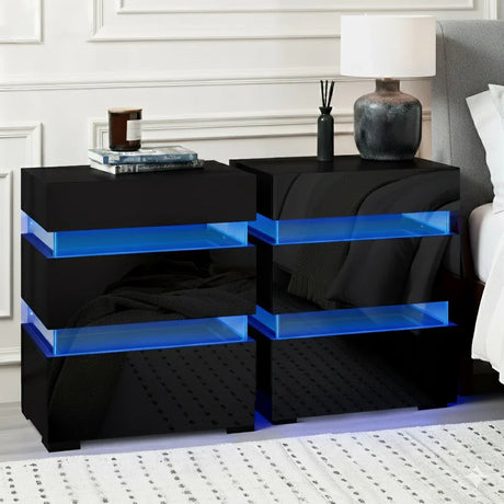 Modern black LED bedside tables with blue lighting, lamp, and books in a bedroom setting