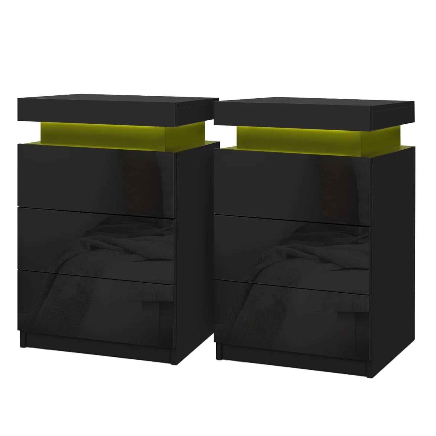 Pair of modern black bedside tables with LED lighting and glossy finish