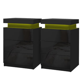 Pair of modern black bedside tables with LED lighting and glossy finish