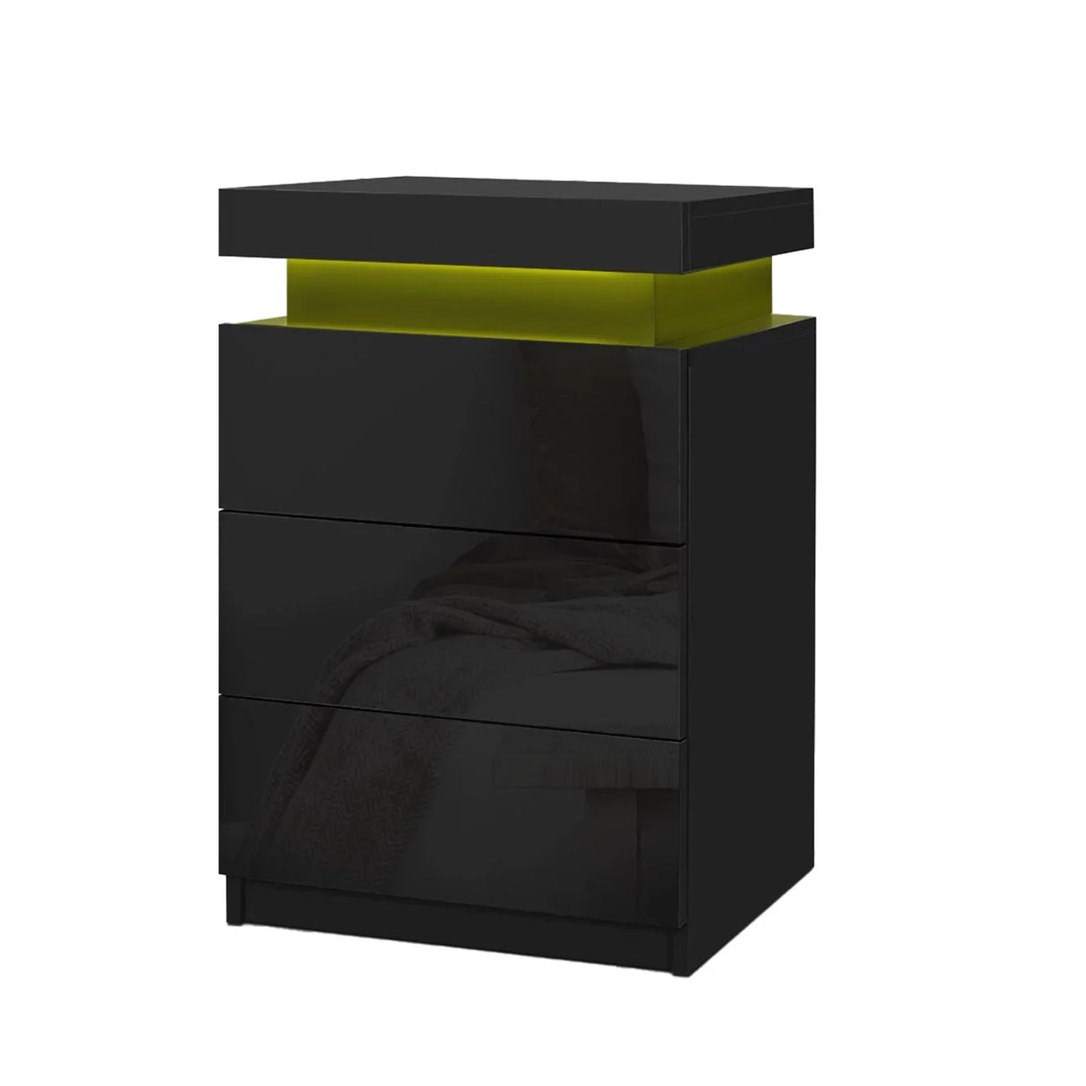 Modern black LED nightstand with three drawers and glowing yellow accent light
