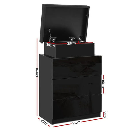 Black LED bedside table with lift-top compartment and visible dimensions in centimeters