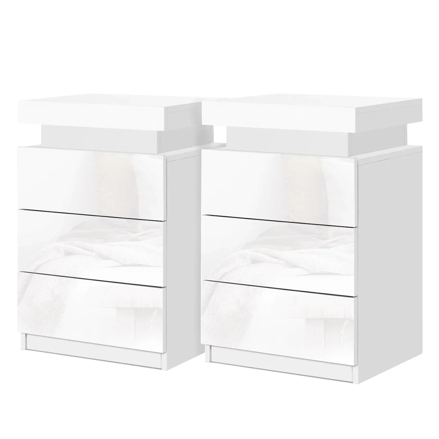 Set of two modern white high gloss LED bedside tables with three drawers