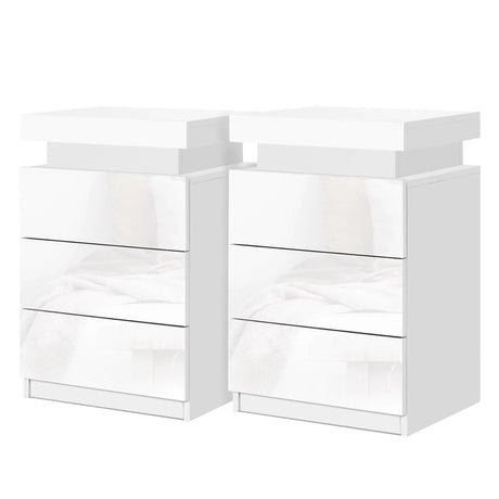 Set of two modern white high gloss LED bedside tables with three drawers