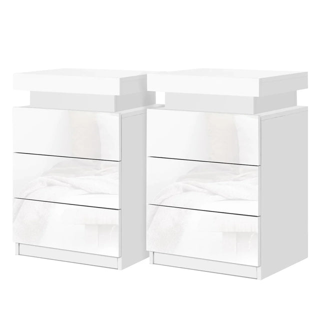 Set of two modern white high gloss LED bedside tables with three drawers