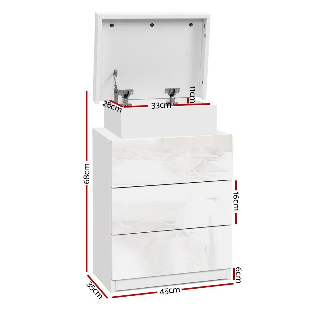 White modern storage dresser with mirror, three drawers, open top compartment and measurements