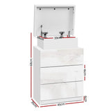 White modern storage dresser with mirror, three drawers, open top compartment and measurements