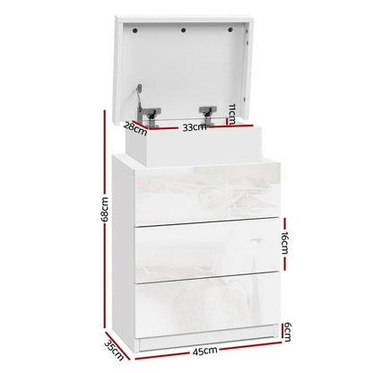 White modern storage dresser with mirror, three drawers, open top compartment and measurements