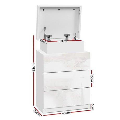 White modern storage dresser with mirror, three drawers, open top compartment and measurements
