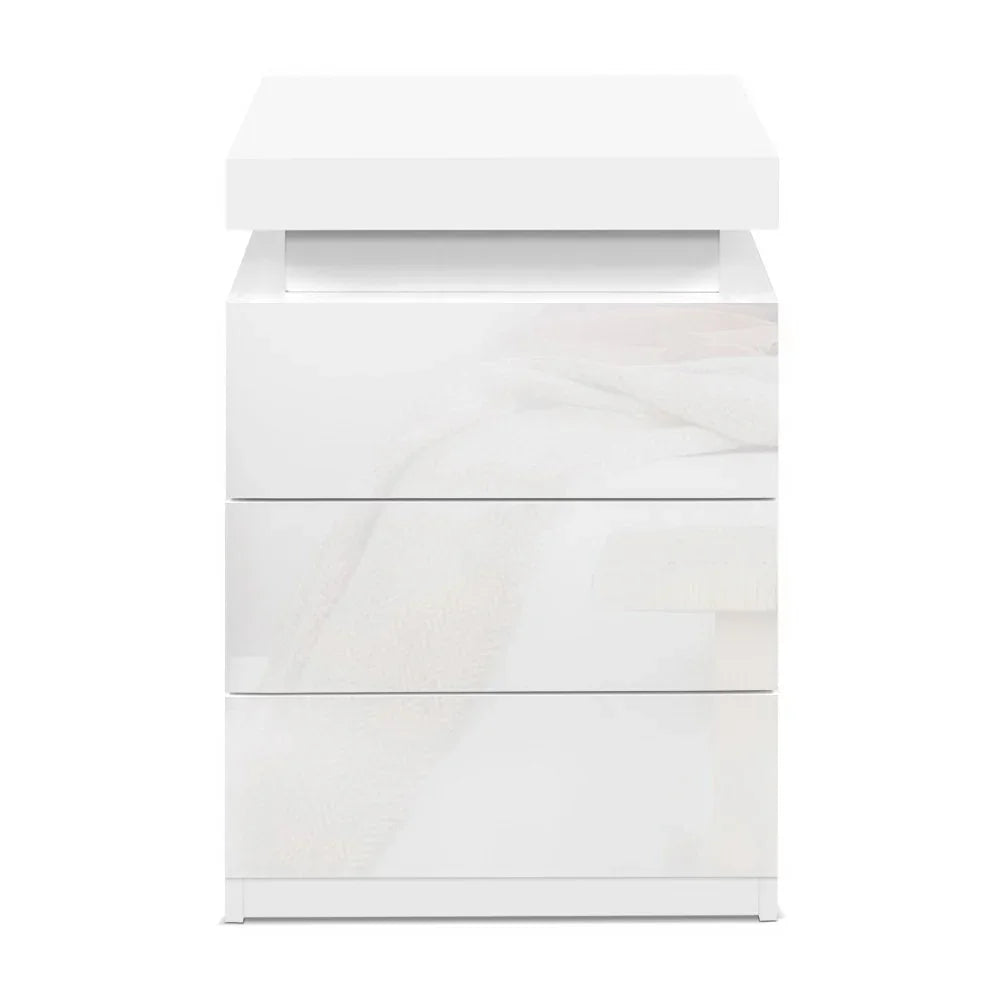 Modern white glossy 3-drawer bedside table with minimalist design on white background