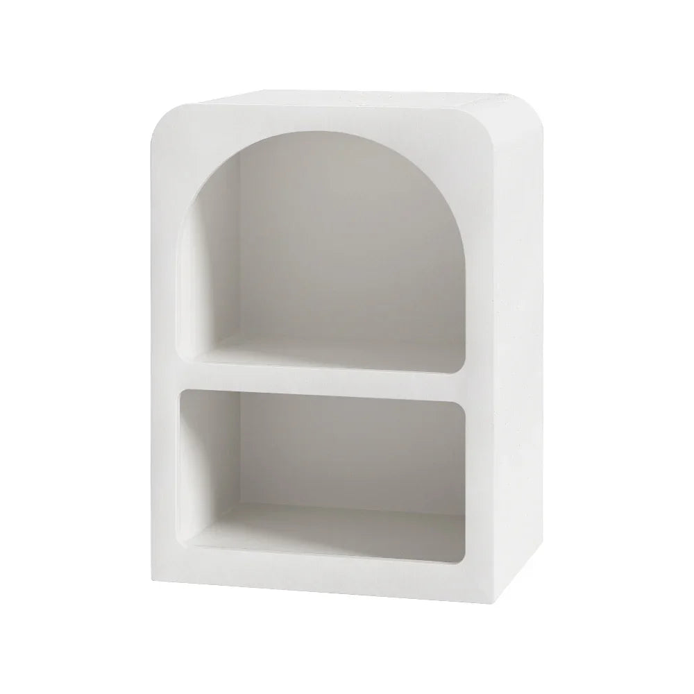 Modern white two-shelf nightstand with rounded edges and an arched upper compartment