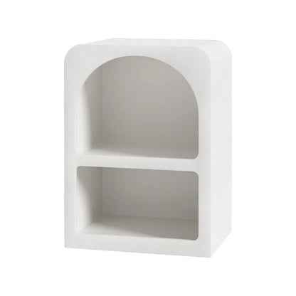 Modern white two-shelf nightstand with rounded edges and an arched upper compartment