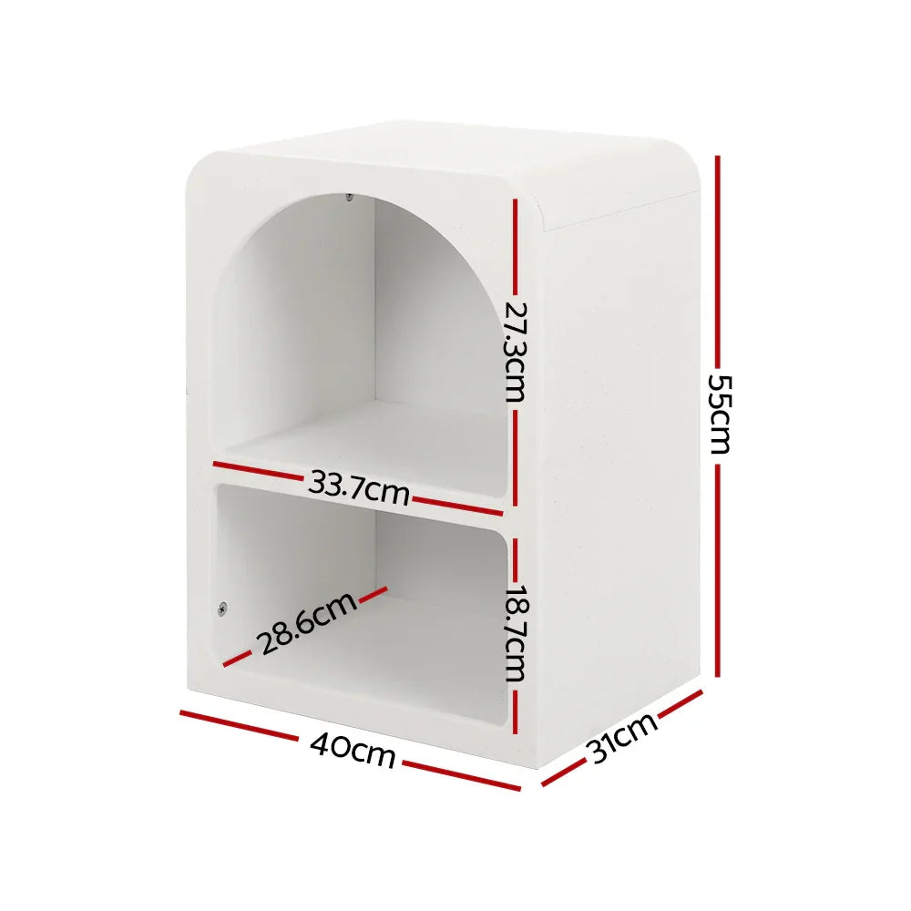 White modern bedside table with two shelves, rounded edges, and labeled dimensions