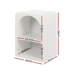 White modern bedside table with two shelves, rounded edges, and labeled dimensions
