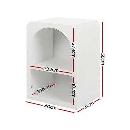 White modern bedside table with two shelves, rounded edges, and labeled dimensions