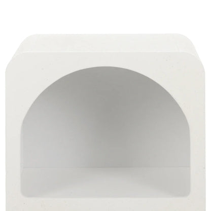 Modern white cube side table with arched open shelf, minimalist furniture design