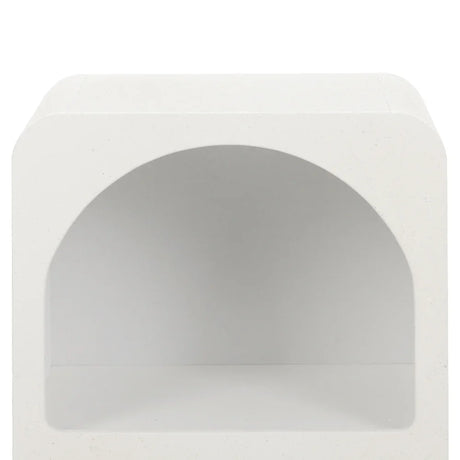 Modern white cube side table with arched open shelf, minimalist furniture design