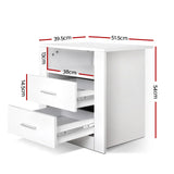 White side shelf with two open drawers, visible measurements in centimeters, modern design