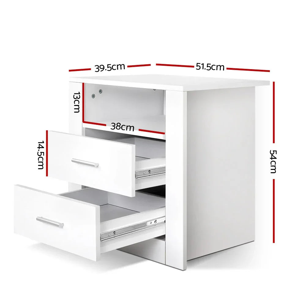 White side shelf with two open drawers, visible measurements in centimeters, modern design