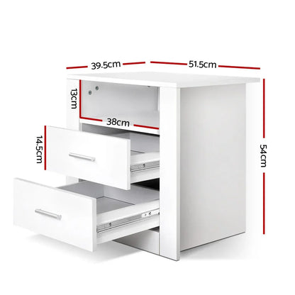 White side shelf with two open drawers, visible measurements in centimeters, modern design