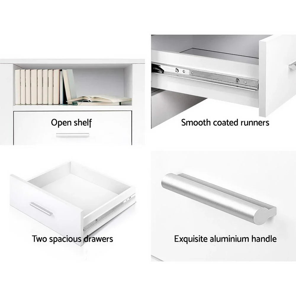 White side shelf with open shelf, two drawers, aluminum handle, and smooth runners