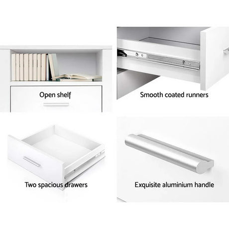White side shelf with open shelf, two drawers, aluminum handle, and smooth runners