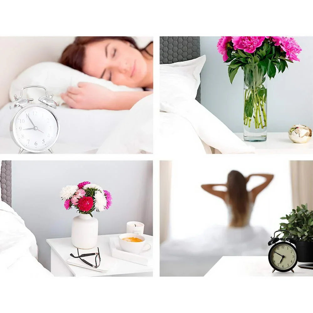 Collage of bedroom scenes with alarm clocks, flowers, and a woman relaxing in bed