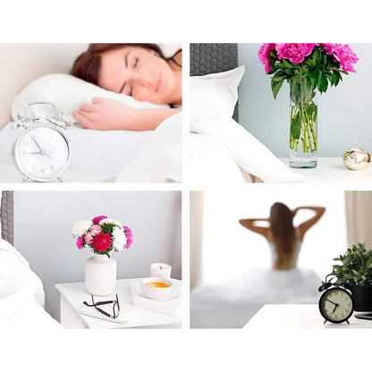 Collage of bedroom scenes with alarm clocks, flowers, and a woman relaxing in bed