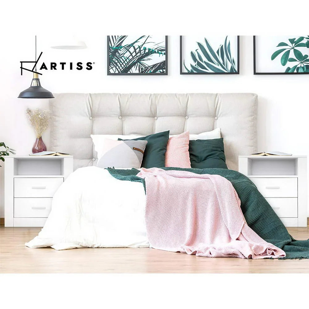 Modern bedroom with Artiss white side shelves, tufted headboard, green decor, and wall art