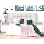 Modern bedroom with Artiss white side shelves, tufted headboard, green decor, and wall art