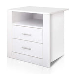Modern white side shelf with two drawers and open storage compartment