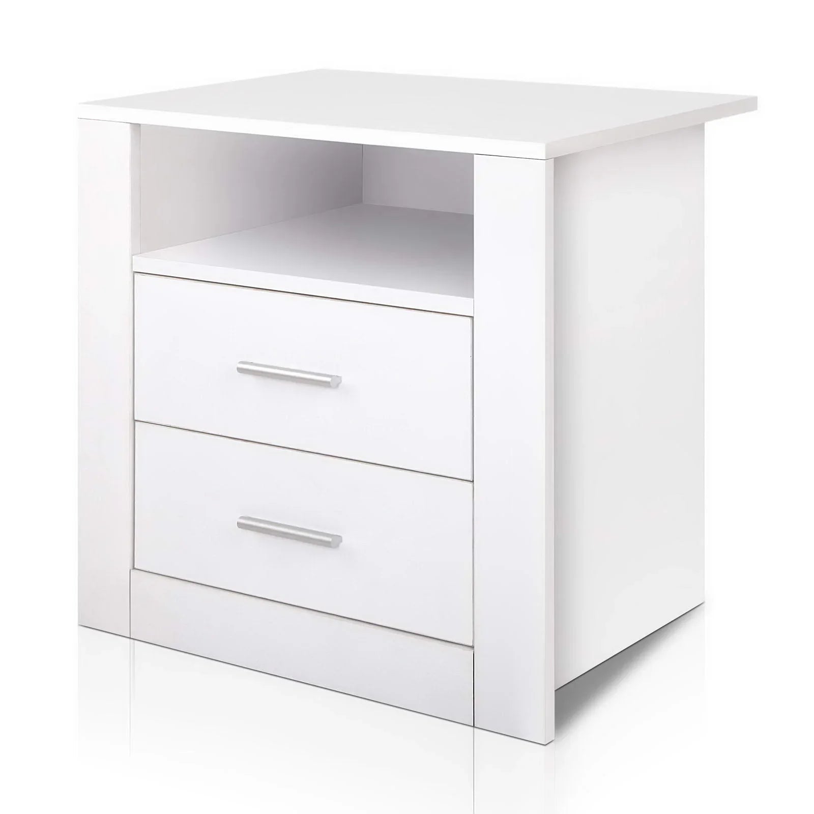 Modern white side shelf with two drawers and open storage compartment