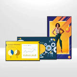 Colorful digital display screens with market research graphs, business icons, and a woman posing, Flea Market AU online store visual.