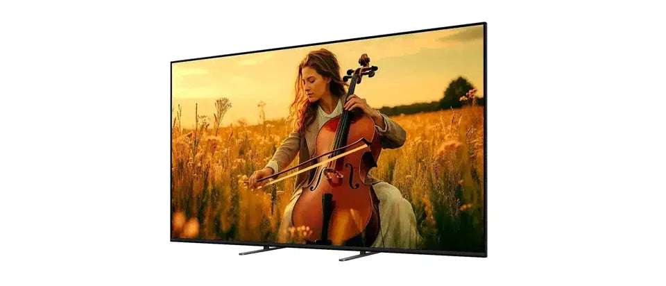 Ultra HD smart TV displaying a woman playing cello in a field, Flea Market online store