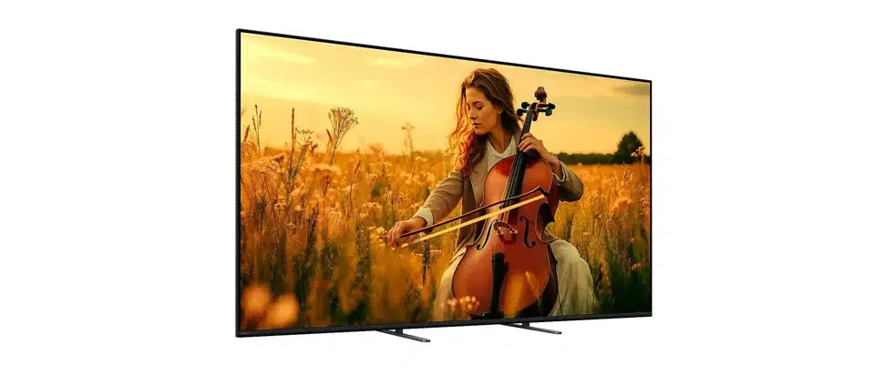 4K smart TV displaying vibrant image of woman playing cello in a field, Flea Market AU