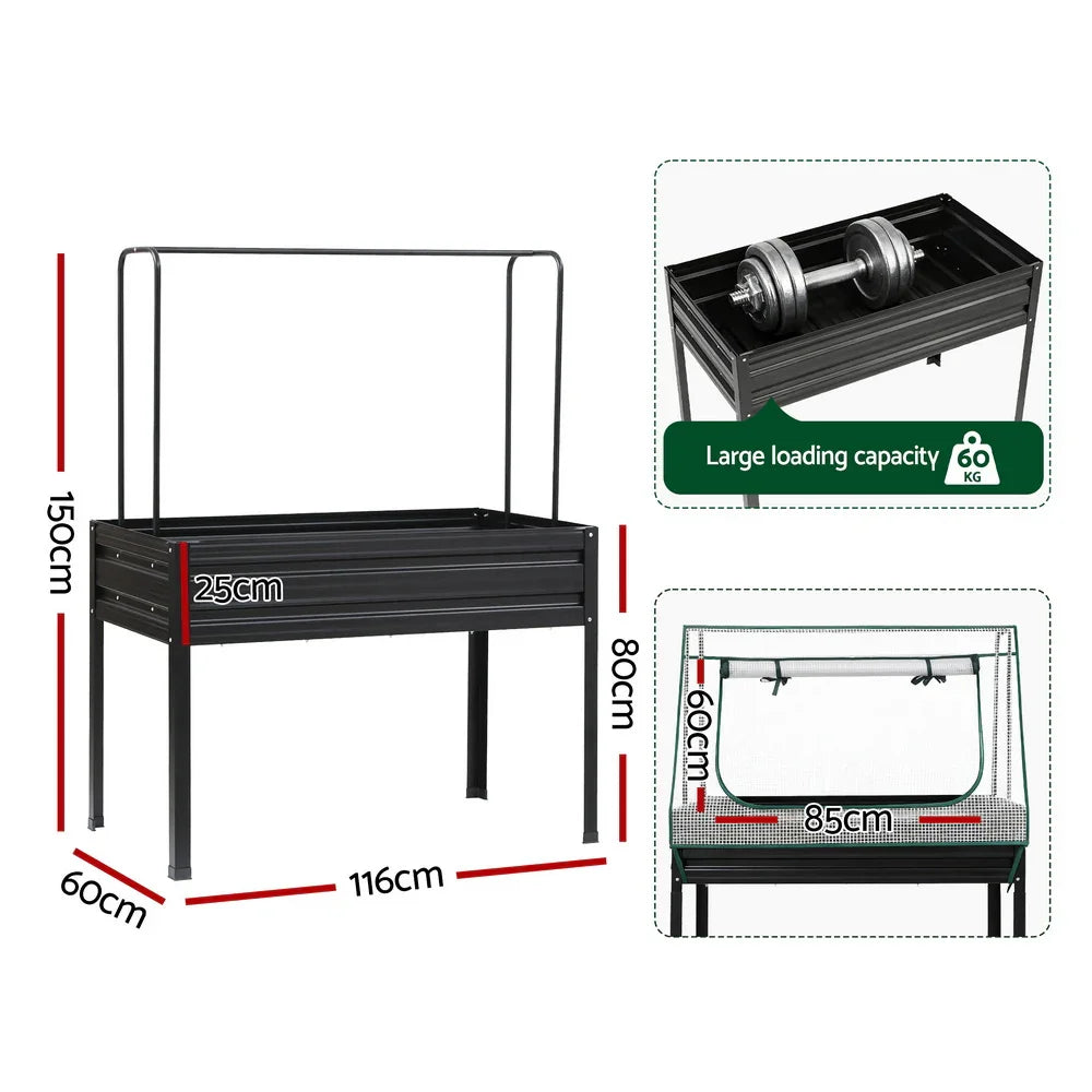 Green Fingers Elevated Metal Garden Bed Kit w Mini Greenhouse Cover 116x60cm