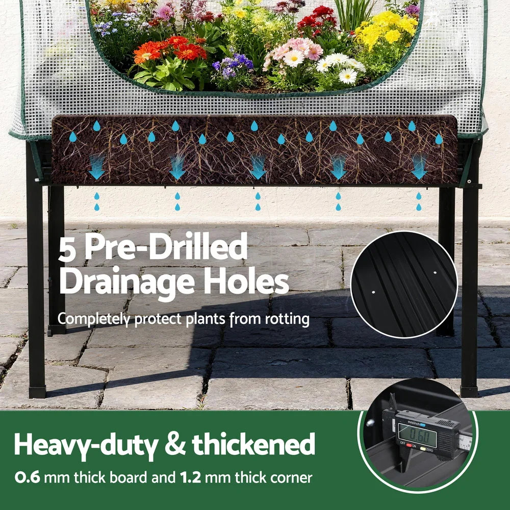Green Fingers Elevated Metal Garden Bed Kit w Mini Greenhouse Cover 116x60cm