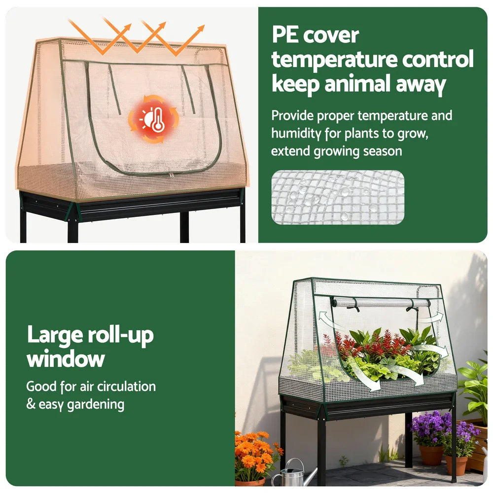 Green Fingers Elevated Metal Garden Bed Kit w Mini Greenhouse Cover 116x60cm