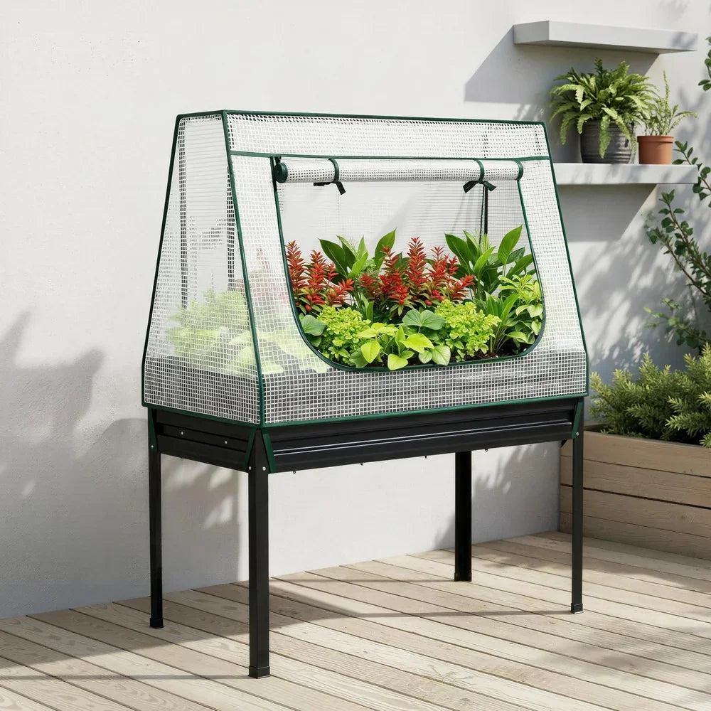 Green Fingers Elevated Metal Garden Bed Kit w Mini Greenhouse Cover 116x60cm