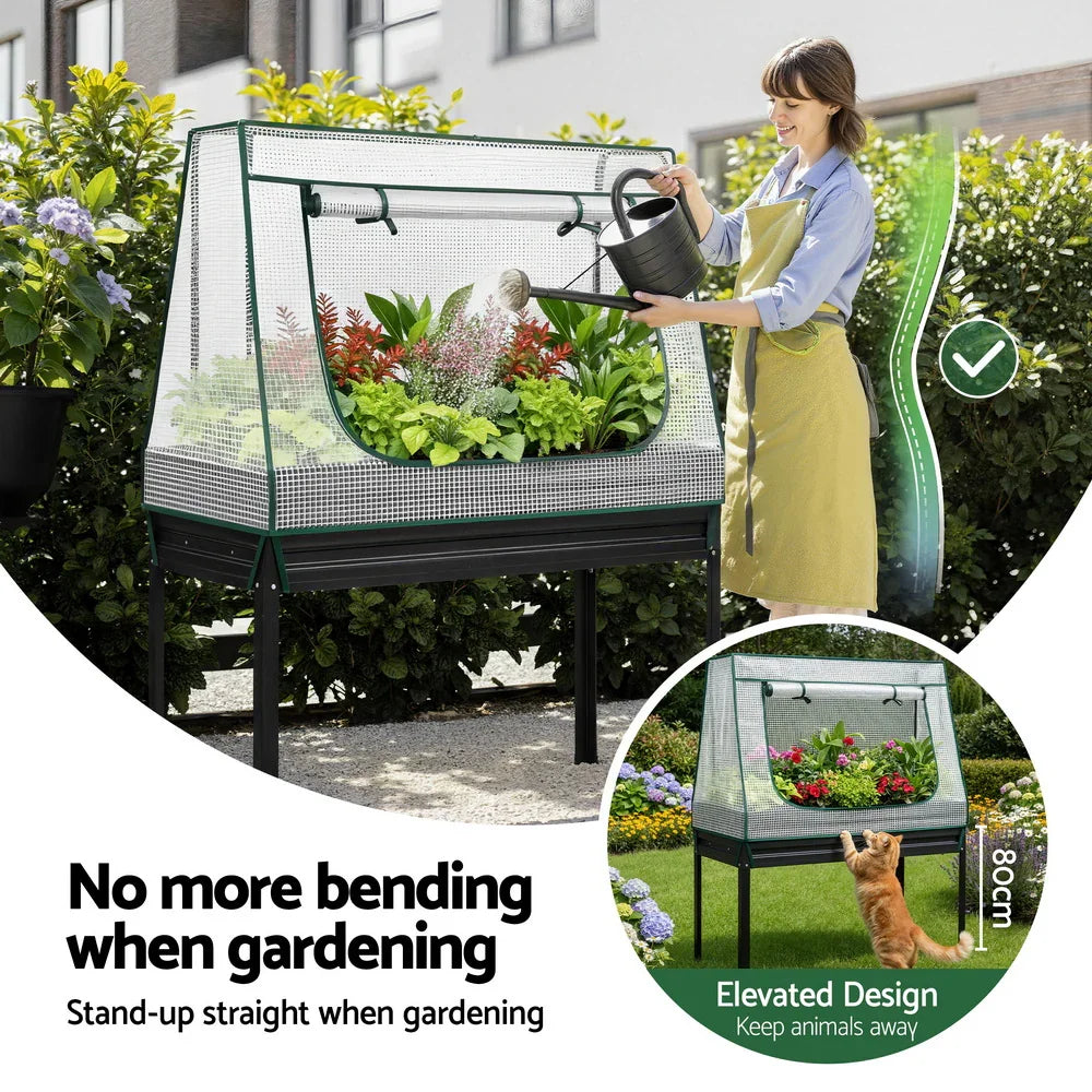 Green Fingers Elevated Metal Garden Bed Kit w Mini Greenhouse Cover 116x60cm