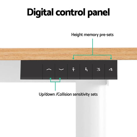 Digital control panel on adjustable desk with height memory presets and up/down collision sensitivity buttons