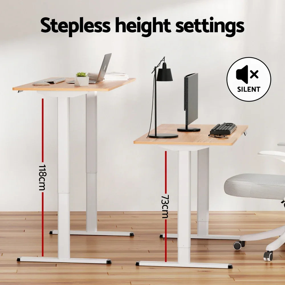 Adjustable standing desks with stepless height settings from 73cm to 118cm in modern office setup