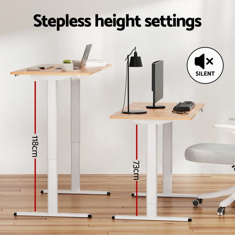 Adjustable standing desks with stepless height settings from 73cm to 118cm in modern office setup