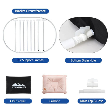 Ice tub parts kit with metal bracket, support frames, bottom drain hole, cloth cover, cushion, drain tap and hose.