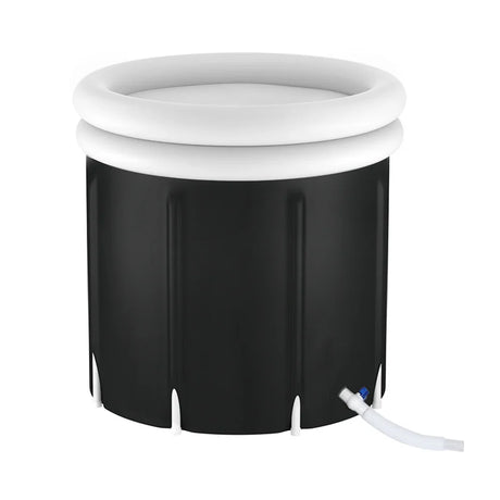 Black and white inflatable ice bath tub with drainage hose, bargain home wellness product