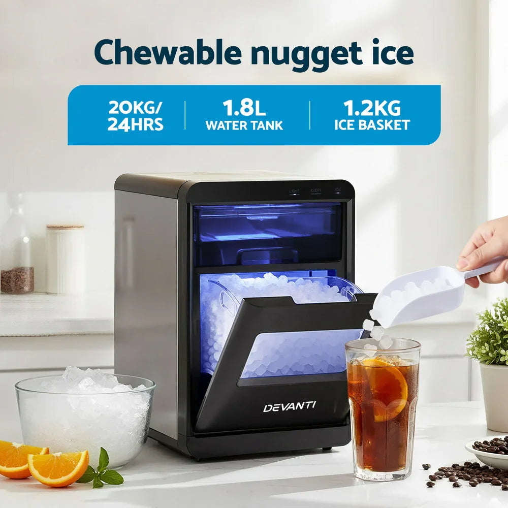 Devanti Ice Maker Machine 20kg - Chewable Nugget Ice Countertop with Self-Cleaning