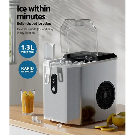 Devanti Portable Ice Maker Machine Ice Cube 12kg Bar Countertop Stainless Steel - Flea Market